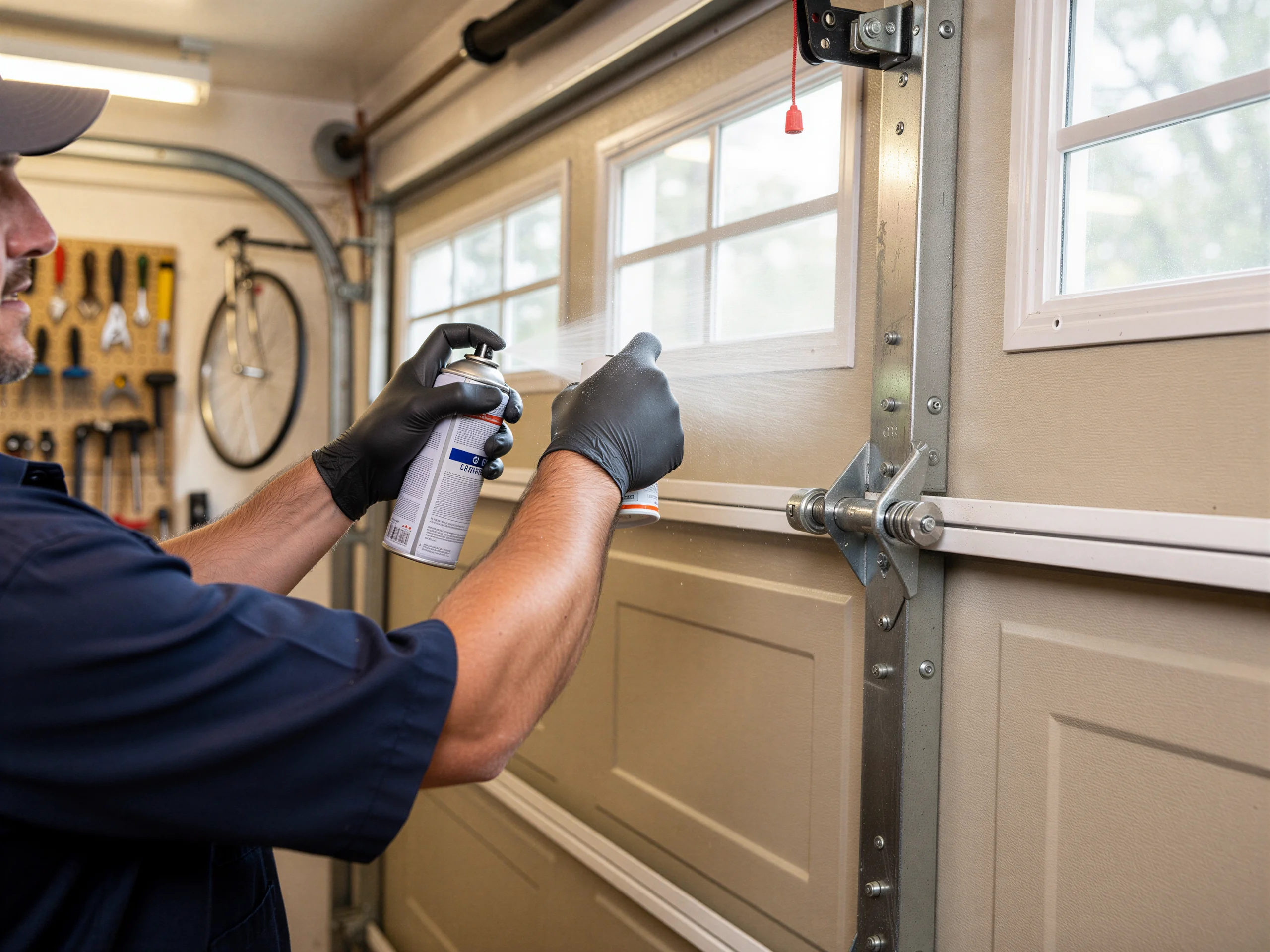 A technician in black gloves sprays lubricant on a tan garage door.