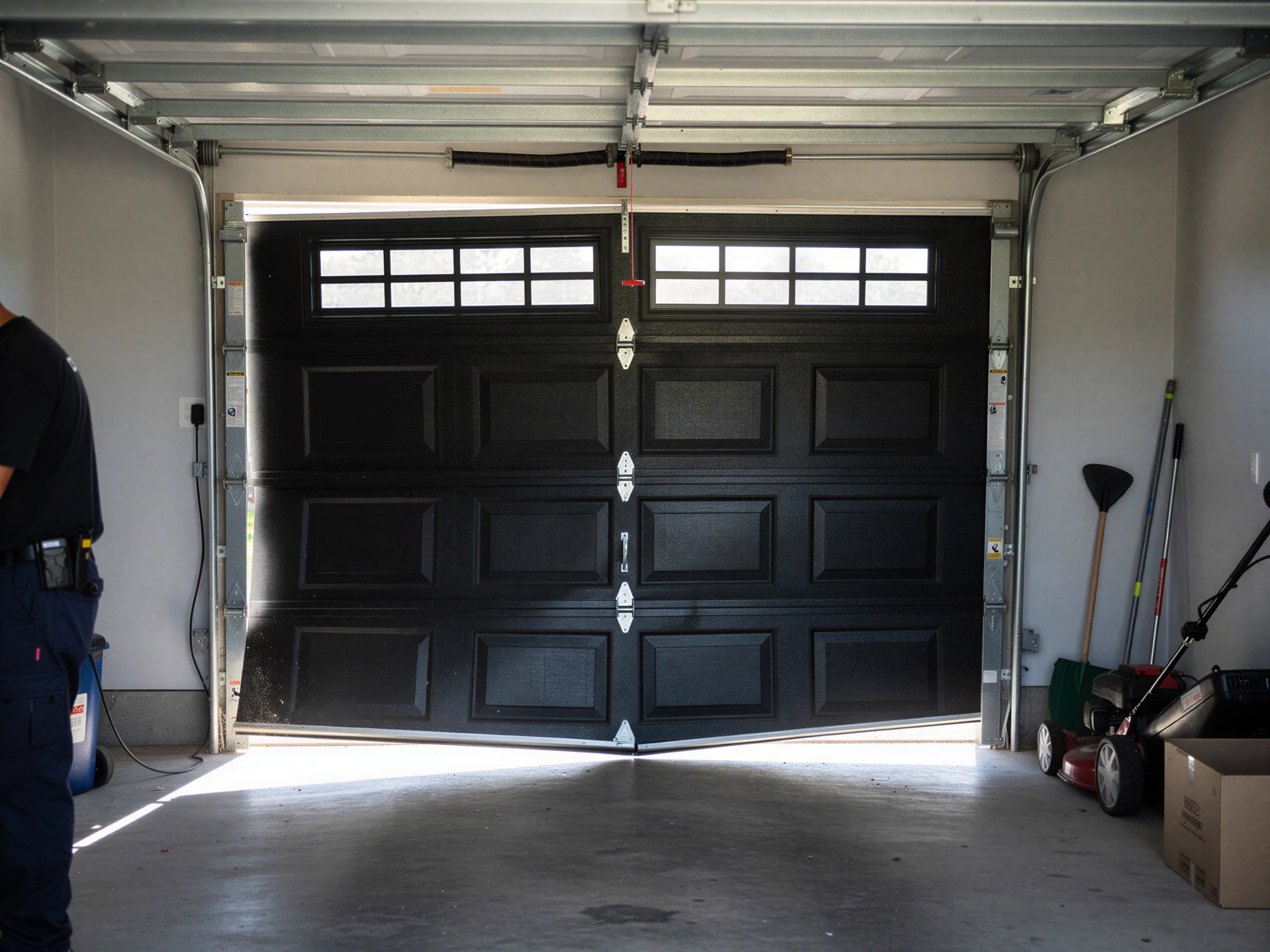 A black garage door is partially open with a technician standing on the left.